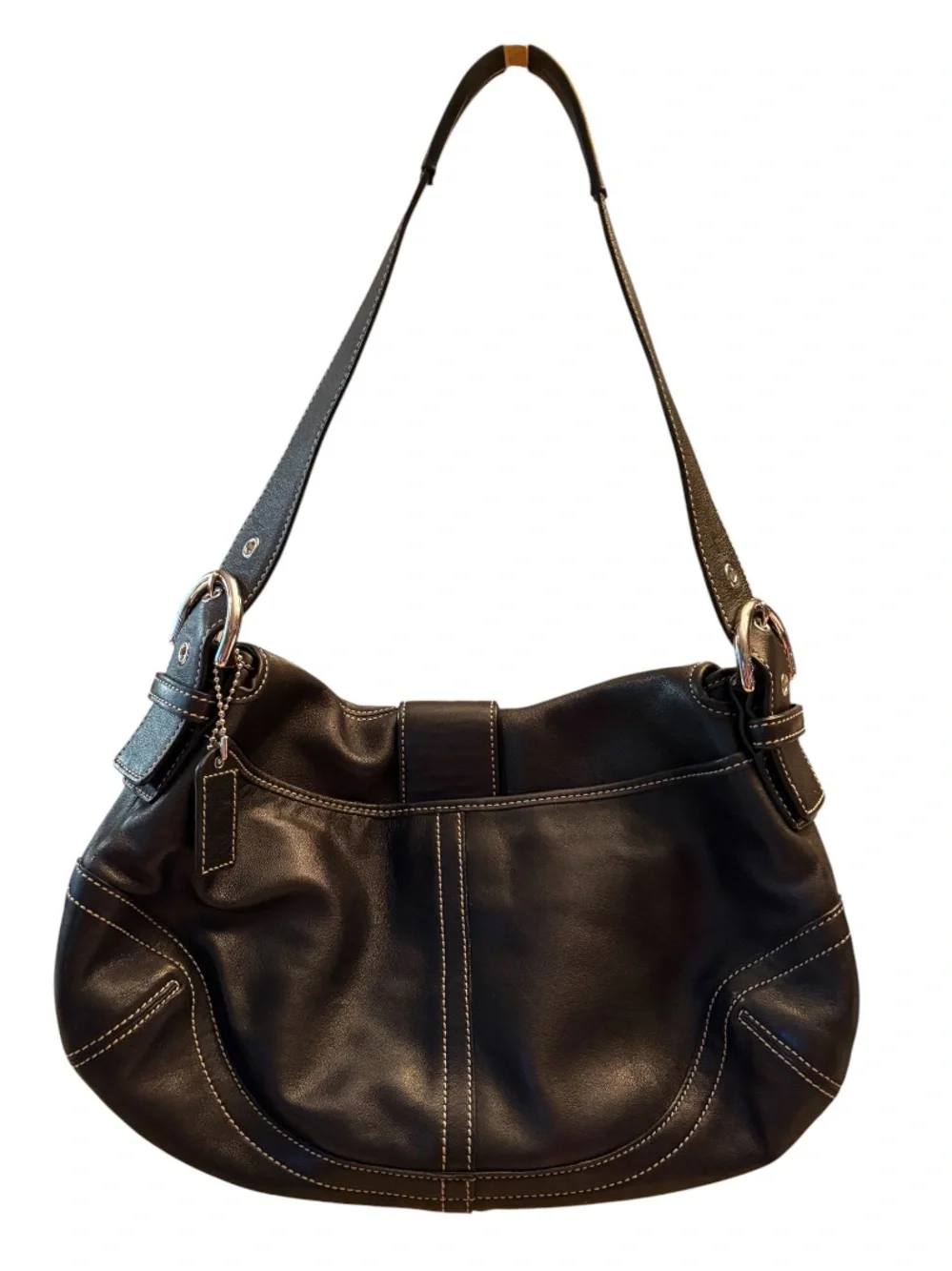 Vintage Coach Soho Shoulder Bag in black leather with silver hardware A060-9243